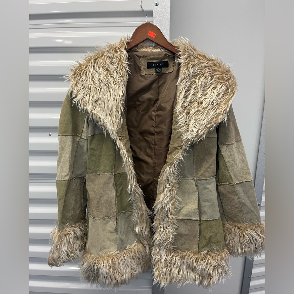 Retro Patchwork Leather Faux Fur Trim Jacket